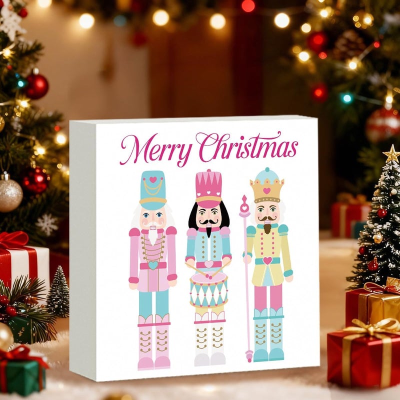 FXEFXE Pink Christmas Decor, Nutcracker Christmas Decorations Indoor, Merry Sign Gift for Women Friends, Rustic Farmhouse Wooden Box Sign for Home Shelf Office Bedroom Living Room Desk Decor 5x5 Inches - Image 3